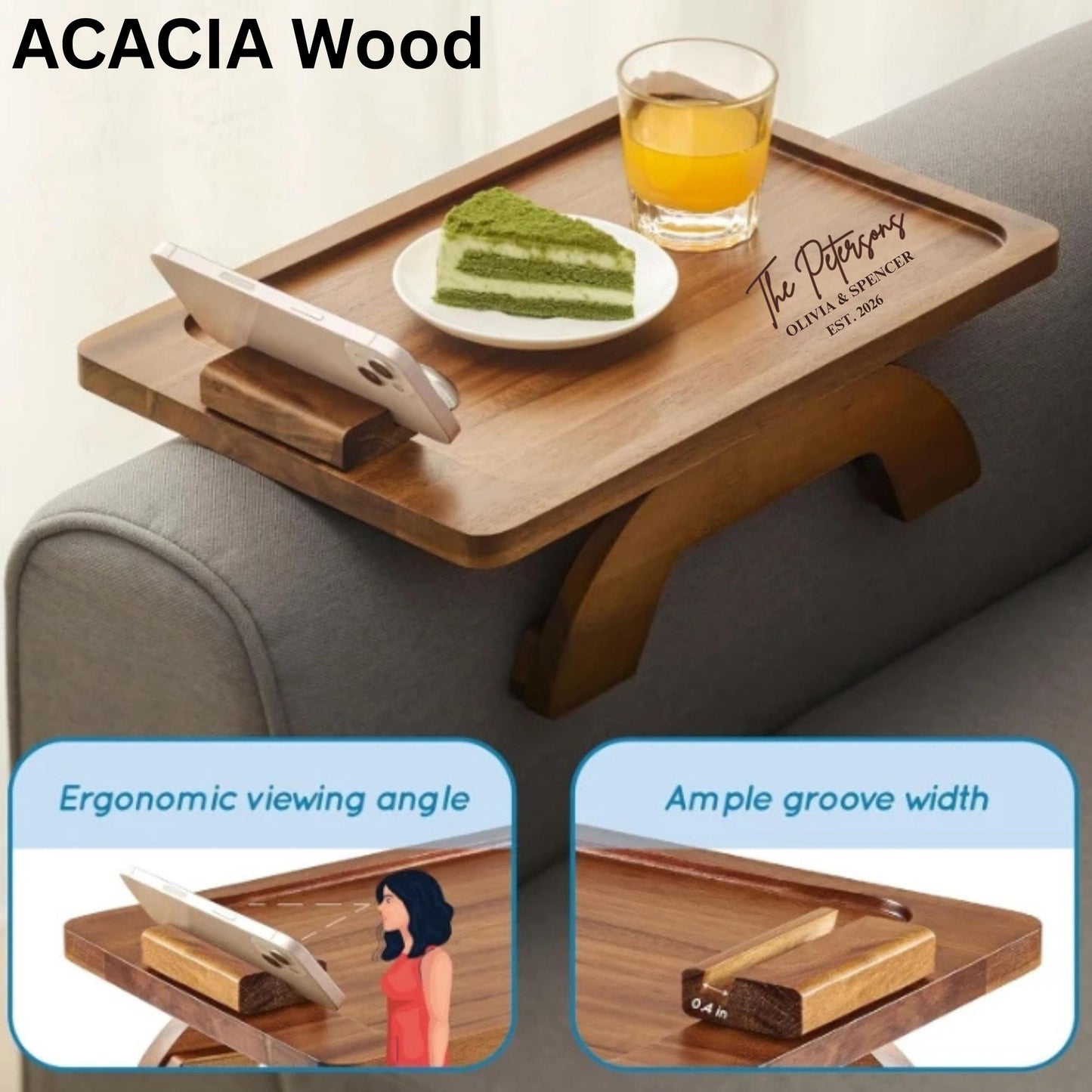 Personalized Wooden Sofa Armrest Tray with Phone Holder, Custom Engraved Couch Cup Holder Table, Christmas Gift for Mom, Gift for Families