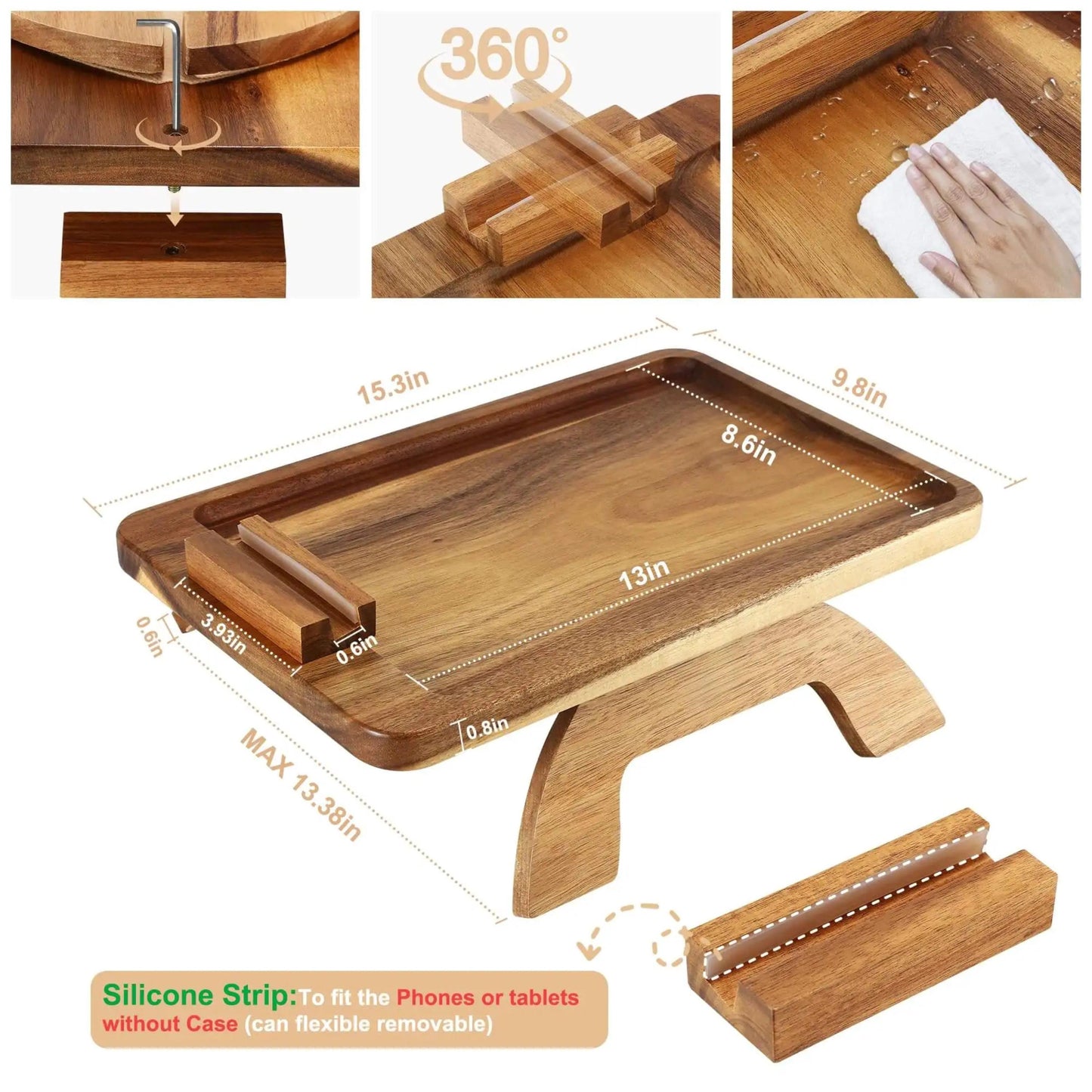 Personalized Wooden Sofa Armrest Tray with Phone Holder, Custom Engraved Couch Cup Holder Table, Christmas Gift for Mom, Gift for Families