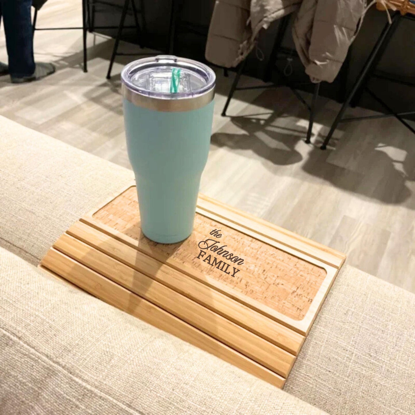 Personalized Bamboo Sofa Armrest Tray with Anti-Slip Cork Pad, Custom Couch Arm Table for Drinks & Snacks, Foldable Couch Tray Gift for Home