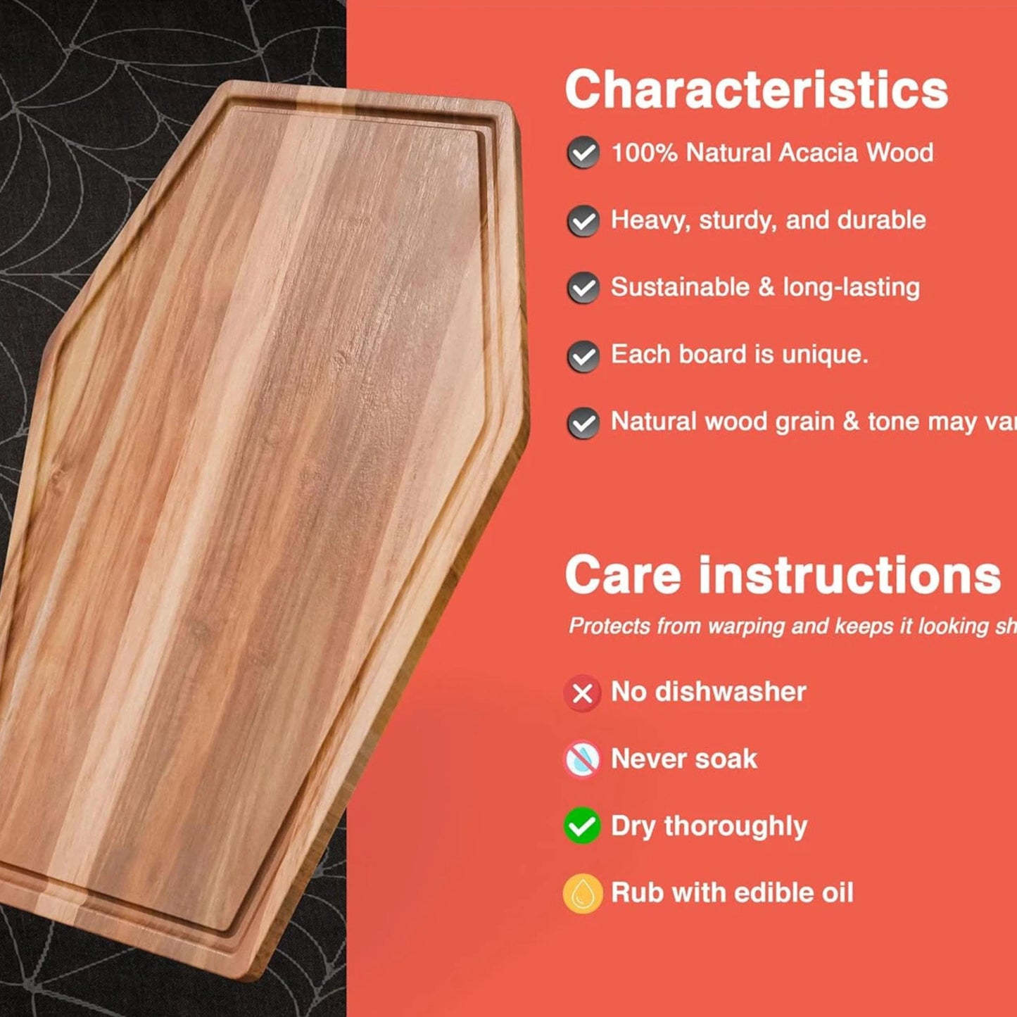 Personalized Coffin Shaped Charcuterie Board, Engraved Acacia Wood Cutting Board, Gothic Halloween Serving Tray, Custom Horror Kitchen Gift