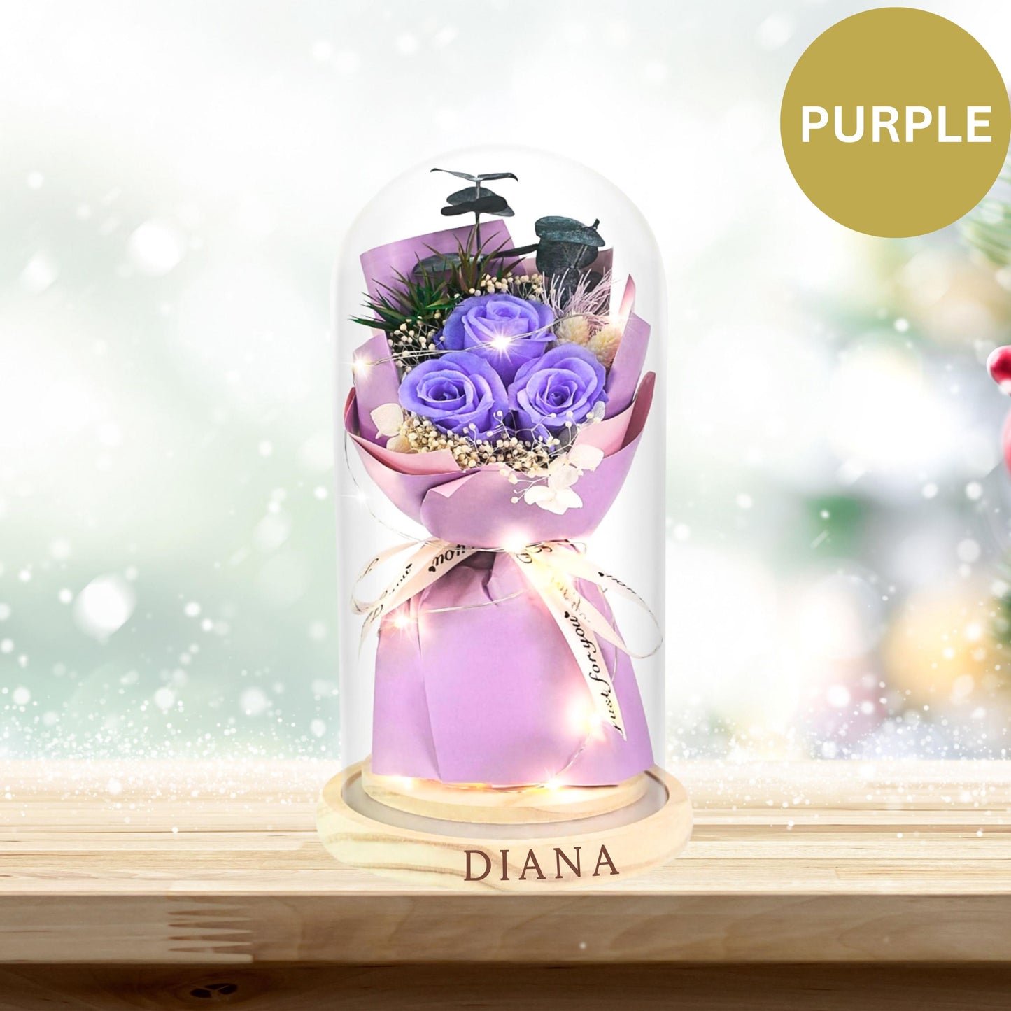 Preserved Rose in Glass Dome with LED Light, Personalized Wooden Base, Forever Roses Gift for Mom, Wife, Birthday, Anniversary, Christmas