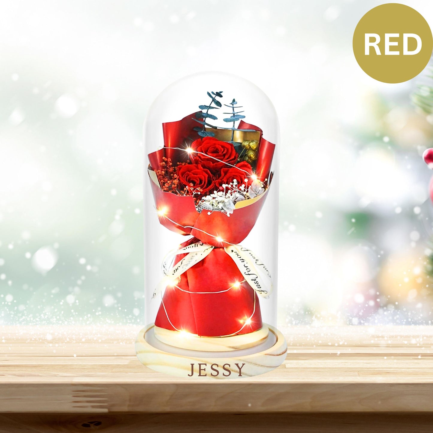 Preserved Rose in Glass Dome with LED Light, Personalized Wooden Base, Forever Roses Gift for Mom, Wife, Birthday, Anniversary, Christmas