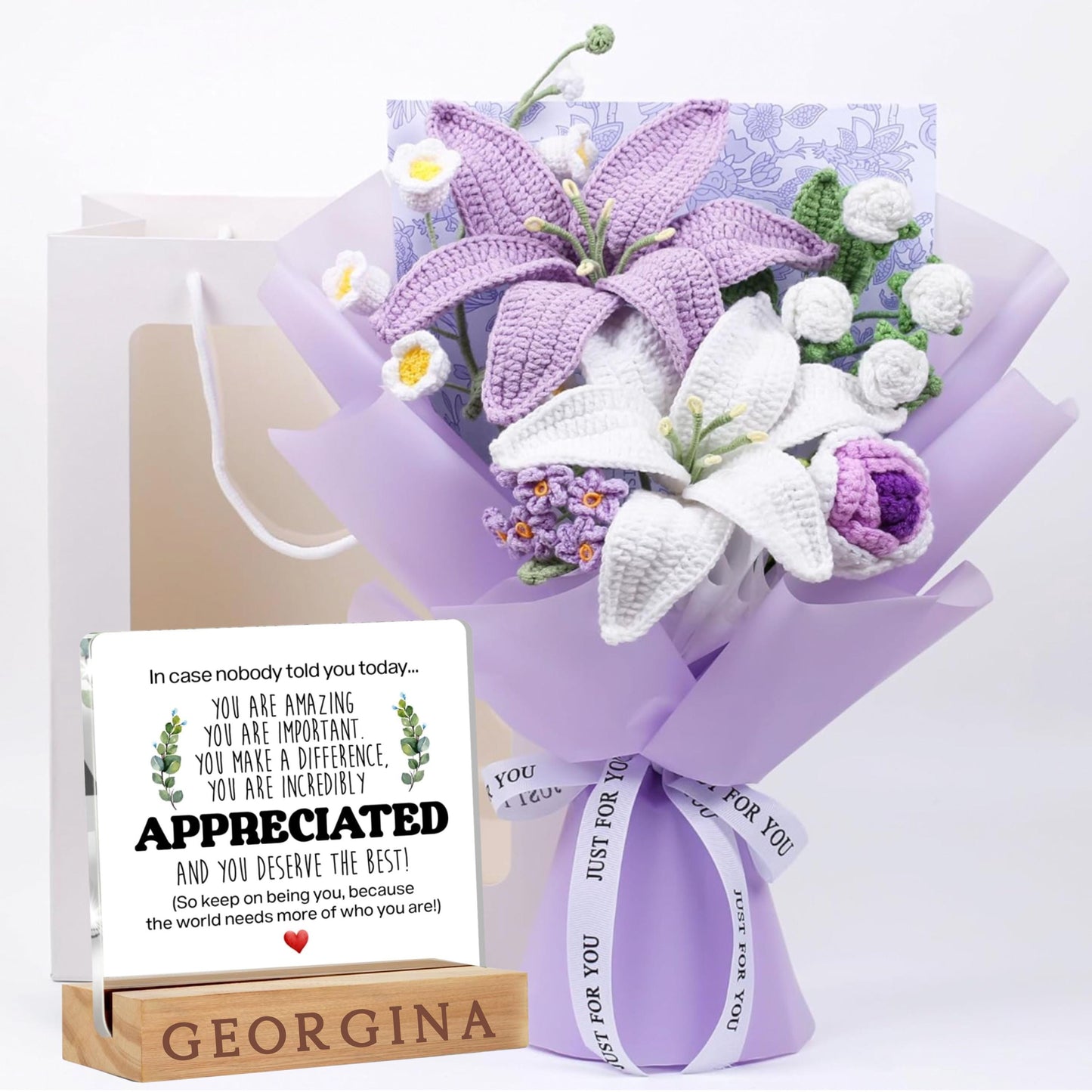 Crochet Flower Bouquet with Personalized Engraved Desk Sign, Handmade Crochet Floral Gift with Custom Wooden Base, Appreciation Gift for Her