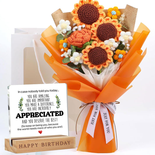 Crochet Sunflower Bouquet with Engraved Desk Sign, Crochet Floral Gift with Personalized Wooden Base, Christmas Gift for Mom Sister Friend