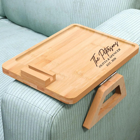 Custom Engraved Bamboo Sofa Armrest Tray with Phone Holder, Personalized Couch Cup Holder & Snack Table, Unique Gift for Couple and Family