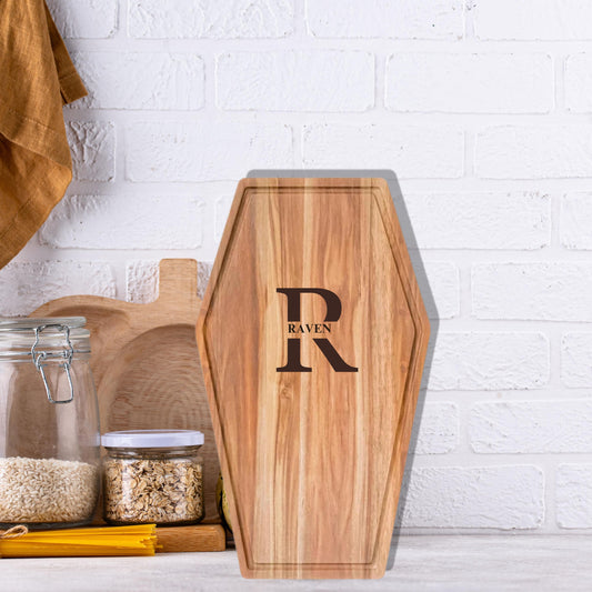 Personalized Coffin Shaped Charcuterie Board, Engraved Acacia Wood Cutting Board, Gothic Halloween Serving Tray, Custom Horror Kitchen Gift