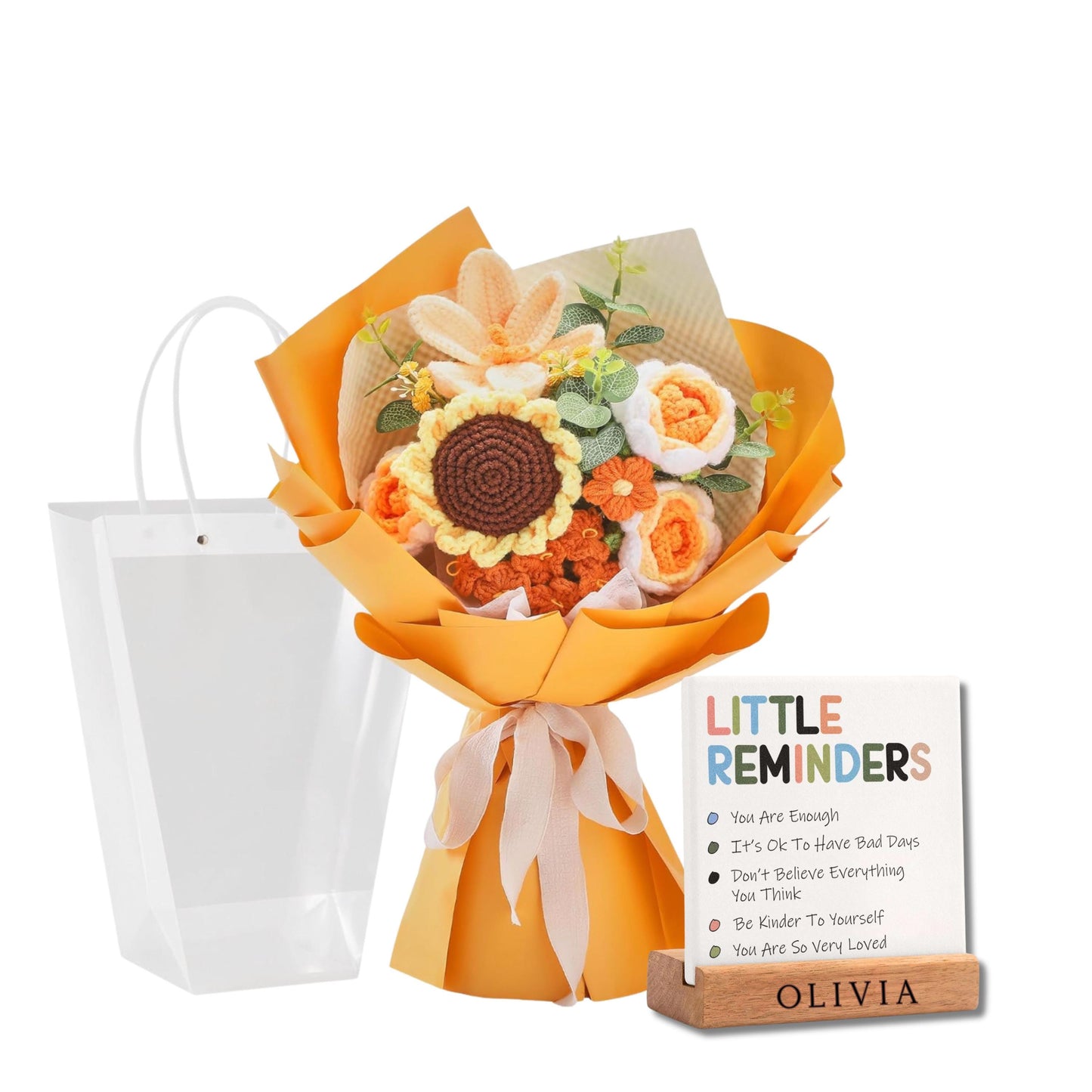 Custom Crochet Flower Bouquet with Motivation Desk Plaque, Crochet Floral Gift with Personalized Wooden Base, Gift for Daughter Sister