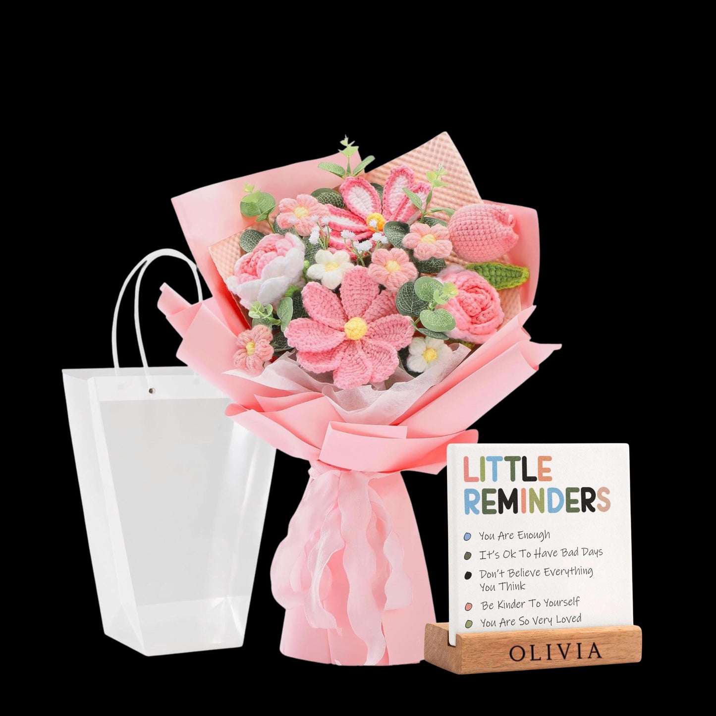 Crochet Flower Bouquet with Custom Motivation Desk Plaque, Crochet Floral Gift with Personalized Wood Base, Gift for Coworker Sister Friend