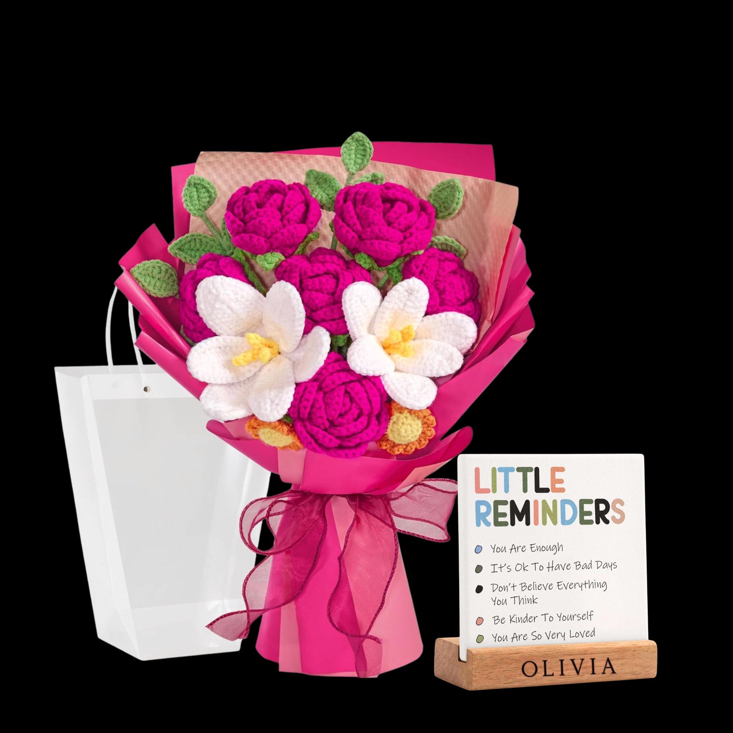 Personalized Crochet Flowers Bouquet with Motivation Desk Plaque, Crochet Floral Gift with Custom Wooden Base, Gift for Daughter Sister