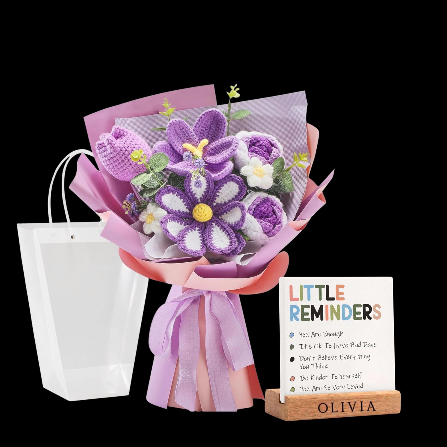 Crochet Flower Bouquet with Custom Motivation Desk Plaque, Crochet Floral Gift with Personalized Wood Base, Gift for Coworker Sister Friend