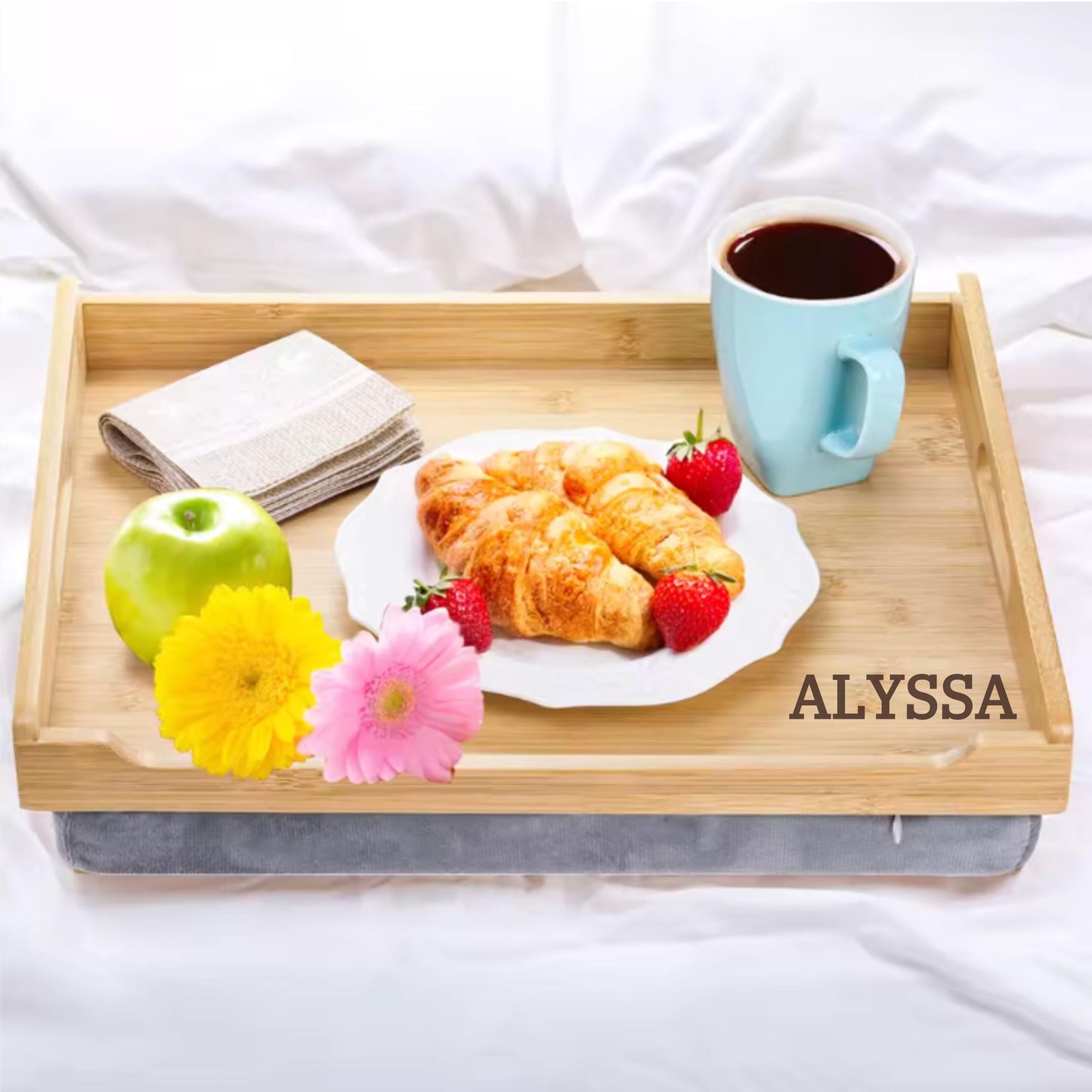 Personalized Breakfast Tray with Detachable Cushion, Custom Engraved Bed Tray with Handle, Cozy Lap Tray, Wedding or Housewarming Gift