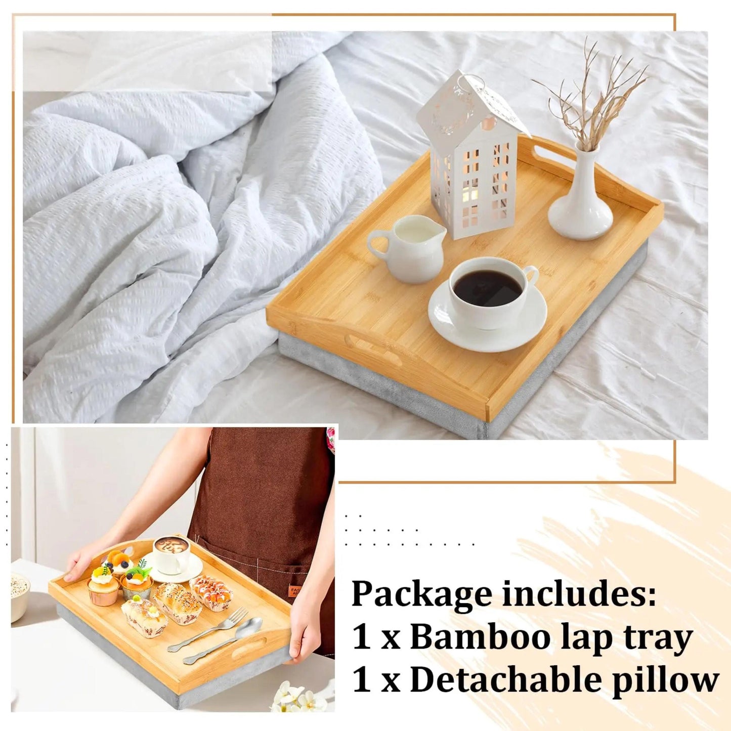 Personalized Breakfast Tray with Detachable Cushion, Custom Engraved Bed Tray with Handle, Cozy Lap Tray, Wedding or Housewarming Gift