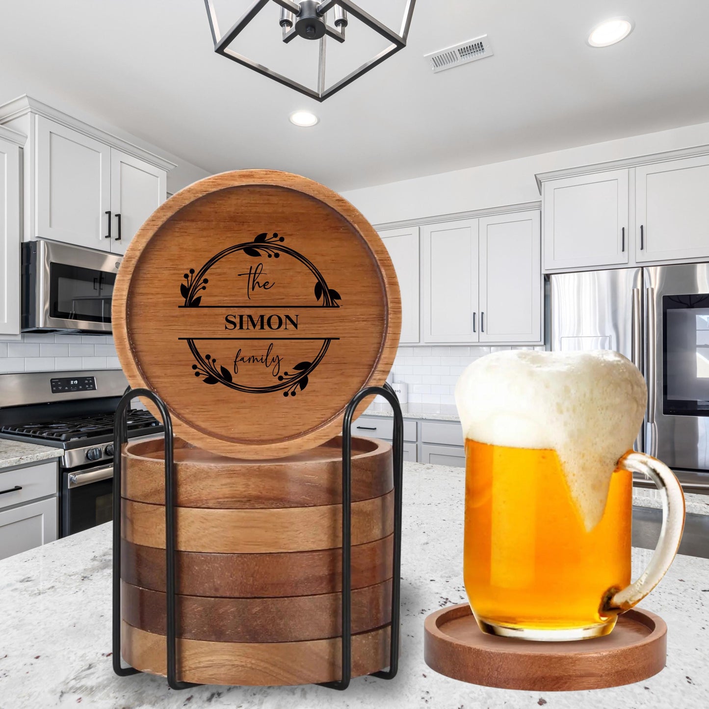 Personalized Wooden Coaster Set with Metal Holder, Custom Engraved Drink Coaster for Home, Wedding Gift, Housewarming Gift, Rustic Bar Decor