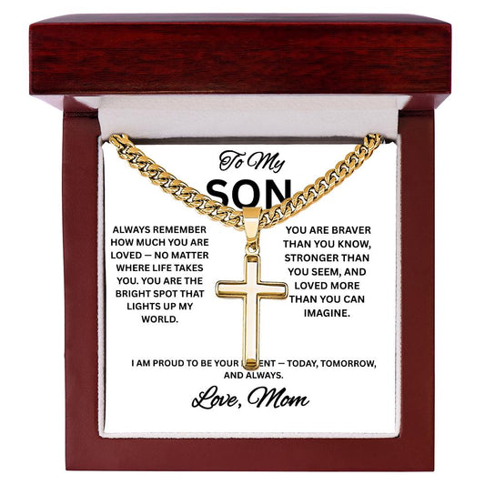 To My Son Necklace gift with box, Cross Cuban Link Necklace with Luxury Box for Son from Mom, Men's Jewelry gift for him