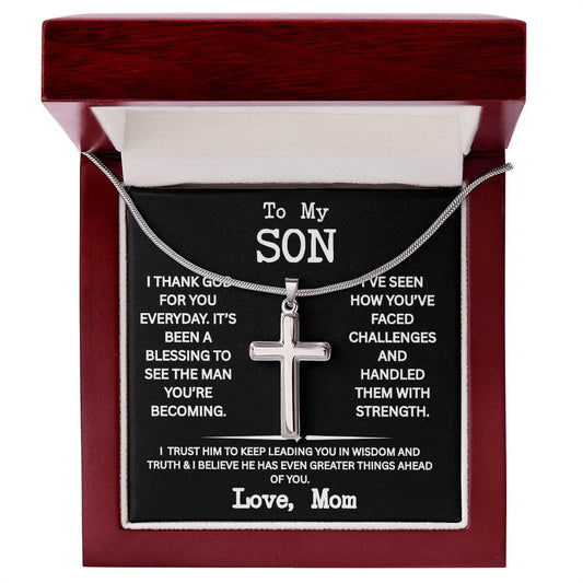 To My Son Necklace with Gift Box, Cross necklace for Son from Mom, Men's Jewelry