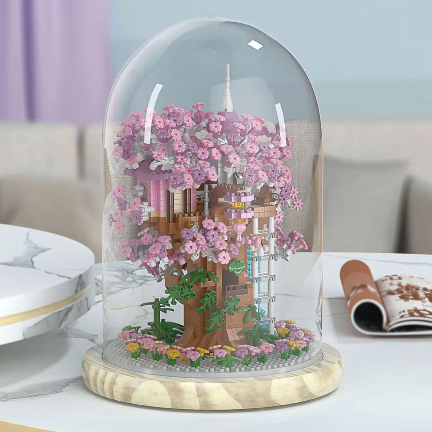 Cherry Blossom Tree House Building Set with Personalized Wooden Base Artificial Flowers Kit with Lights & Dome Cover