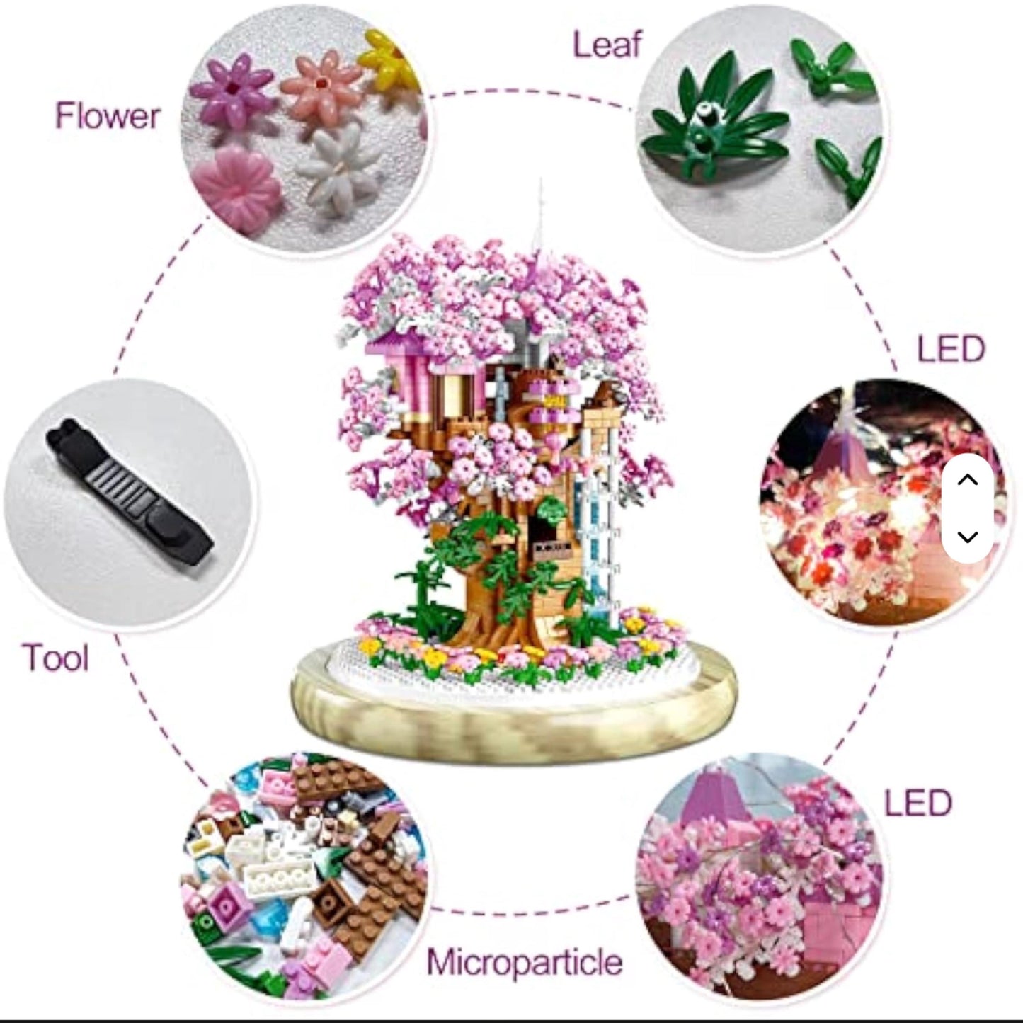 Cherry Blossom Tree House Building Set with Personalized Wooden Base Artificial Flowers Kit with Lights & Dome Cover