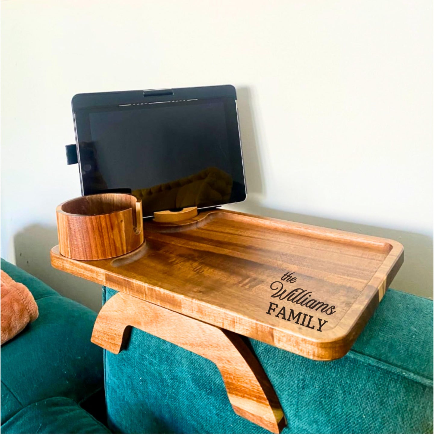 Custom Wooden Sofa Armrest Tray, Custom Engraved Couch Cup Holder & Organizer, Unique Gift for Mom or Dad Friend, Homeowner New Home Gift