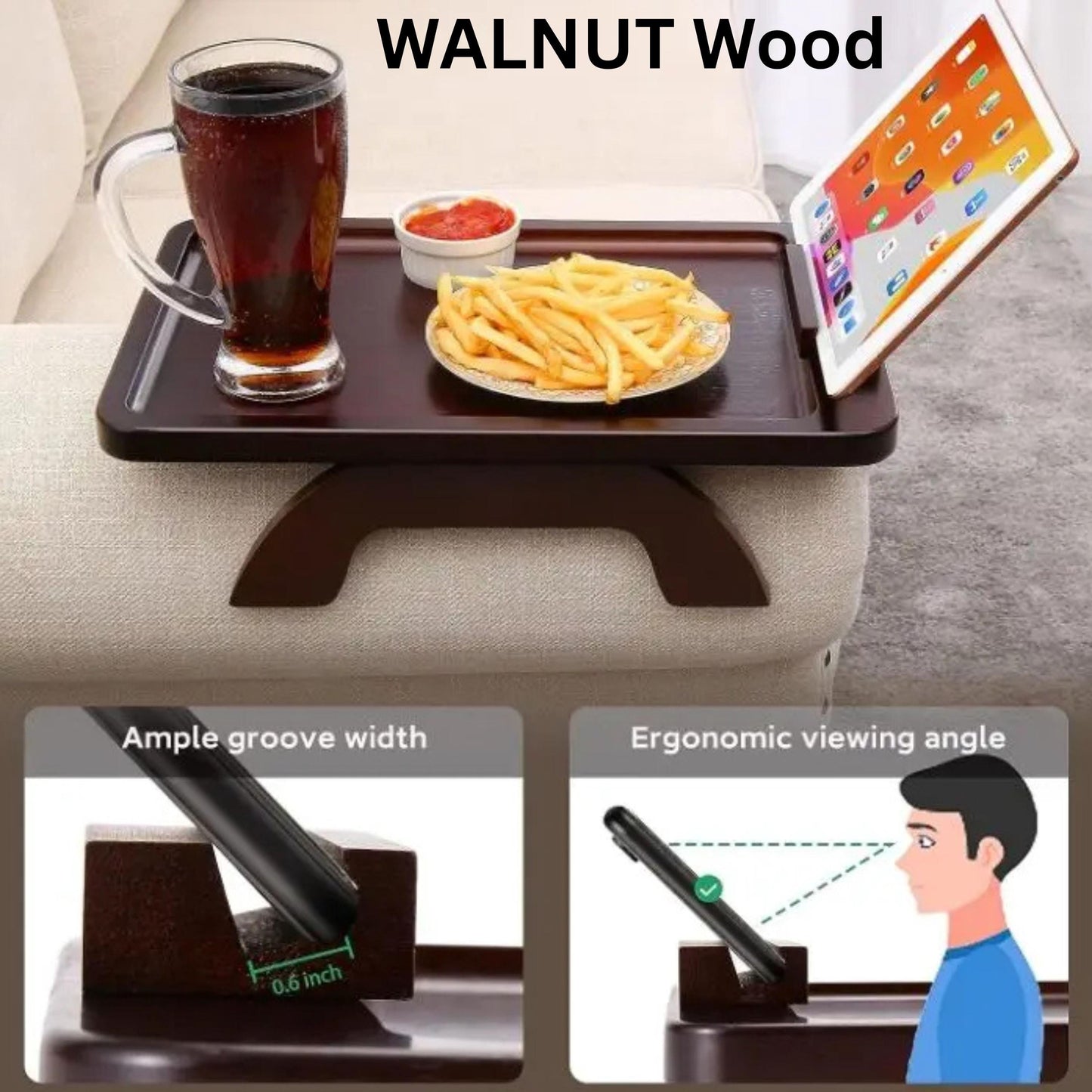 Personalized Wooden Sofa Armrest Tray with Phone Holder, Custom Engraved Couch Cup Holder Table, Christmas Gift for Mom, Gift for Families