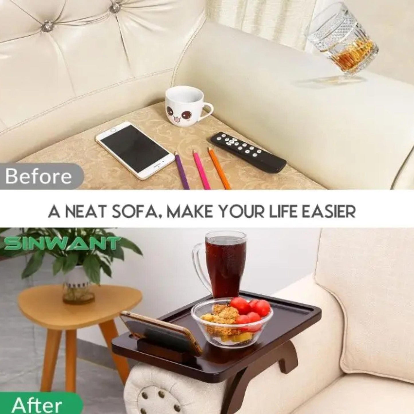 Personalized Wooden Sofa Armrest Tray with Phone Holder, Custom Engraved Couch Cup Holder Table, Christmas Gift for Mom, Gift for Families