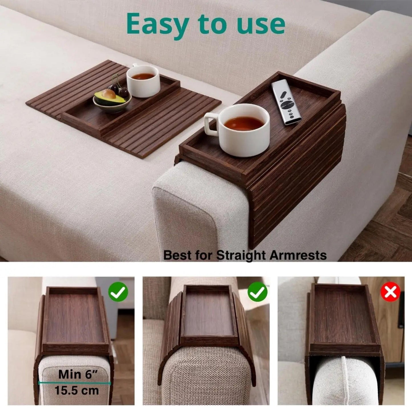 Personalized Bamboo Sofa Armrest Tray, Custom Engraved Couch Arm Table for Drinks & Snacks, Foldable Wooden Couch Tray Gift for Couples Home