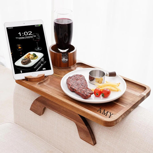 Custom Wooden Sofa Armrest Tray, Custom Engraved Couch Cup Holder & Organizer, Unique Gift for Mom or Dad Friend, Homeowner New Home Gift
