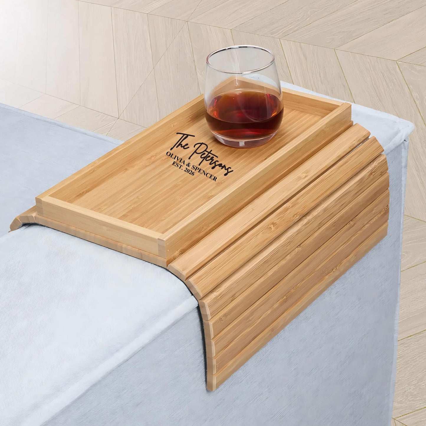 Personalized Bamboo Sofa Armrest Tray, Custom Engraved Couch Arm Table for Drinks & Snacks, Foldable Wooden Couch Tray Gift for Couples Home