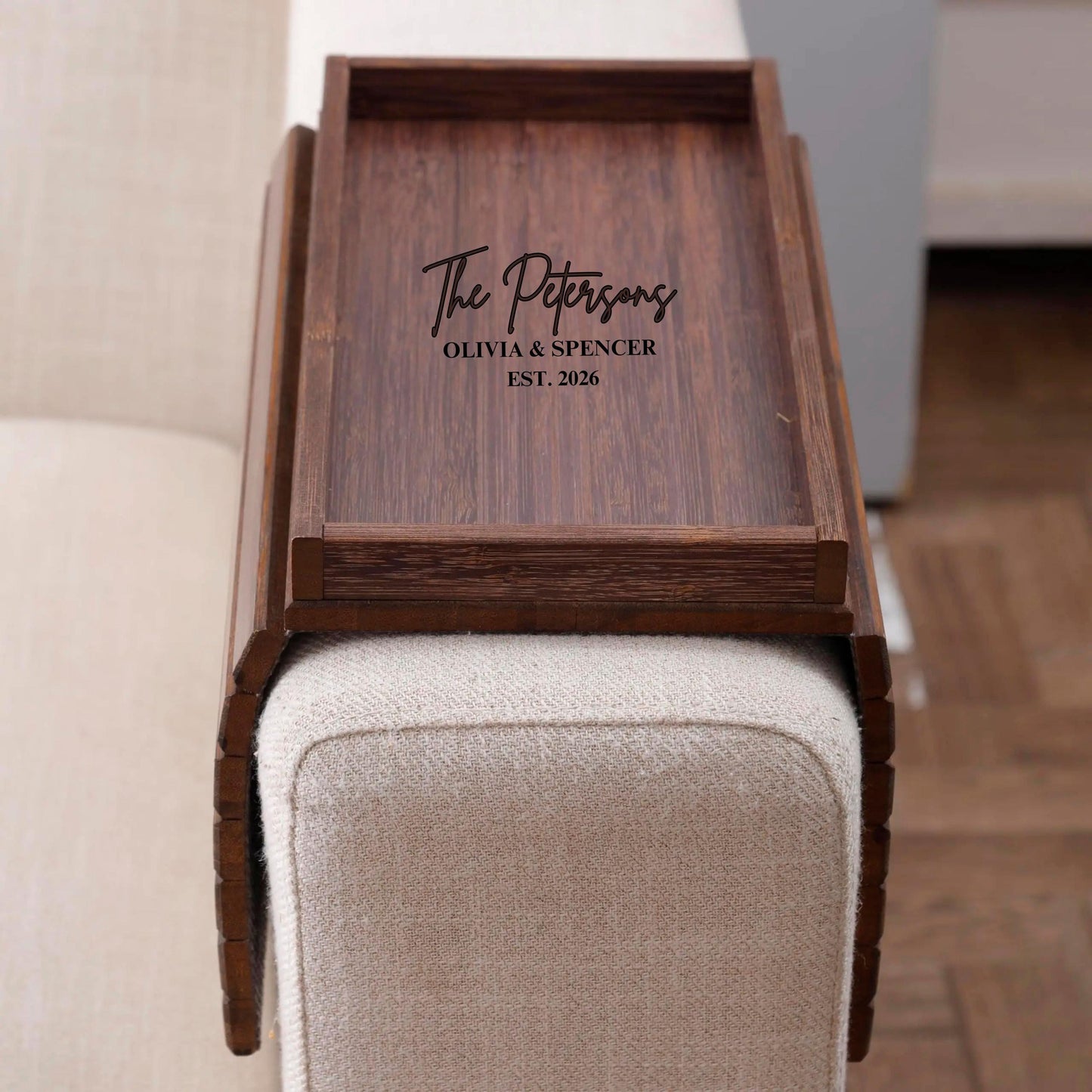 Custom Sofa Armrest Tray, Custom Engraved Couch Arm Table for Drinks & Snacks, Foldable Wooden Couch Tray Gift for Couples Home