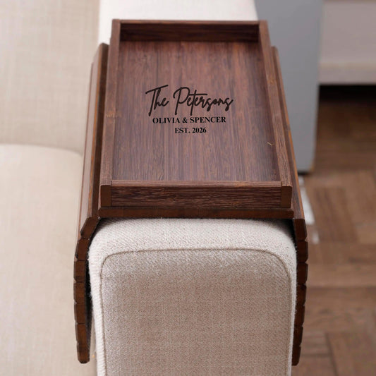 Custom Sofa Armrest Tray, Custom Engraved Couch Arm Table for Drinks & Snacks, Foldable Wooden Couch Tray Gift for Couples Home