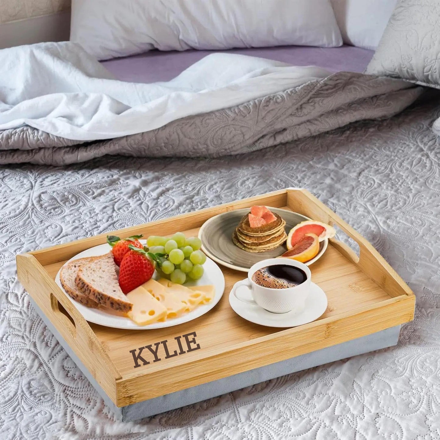 Personalized Breakfast Tray with Detachable Cushion, Custom Engraved Bed Tray with Handle, Cozy Lap Tray, Wedding or Housewarming Gift