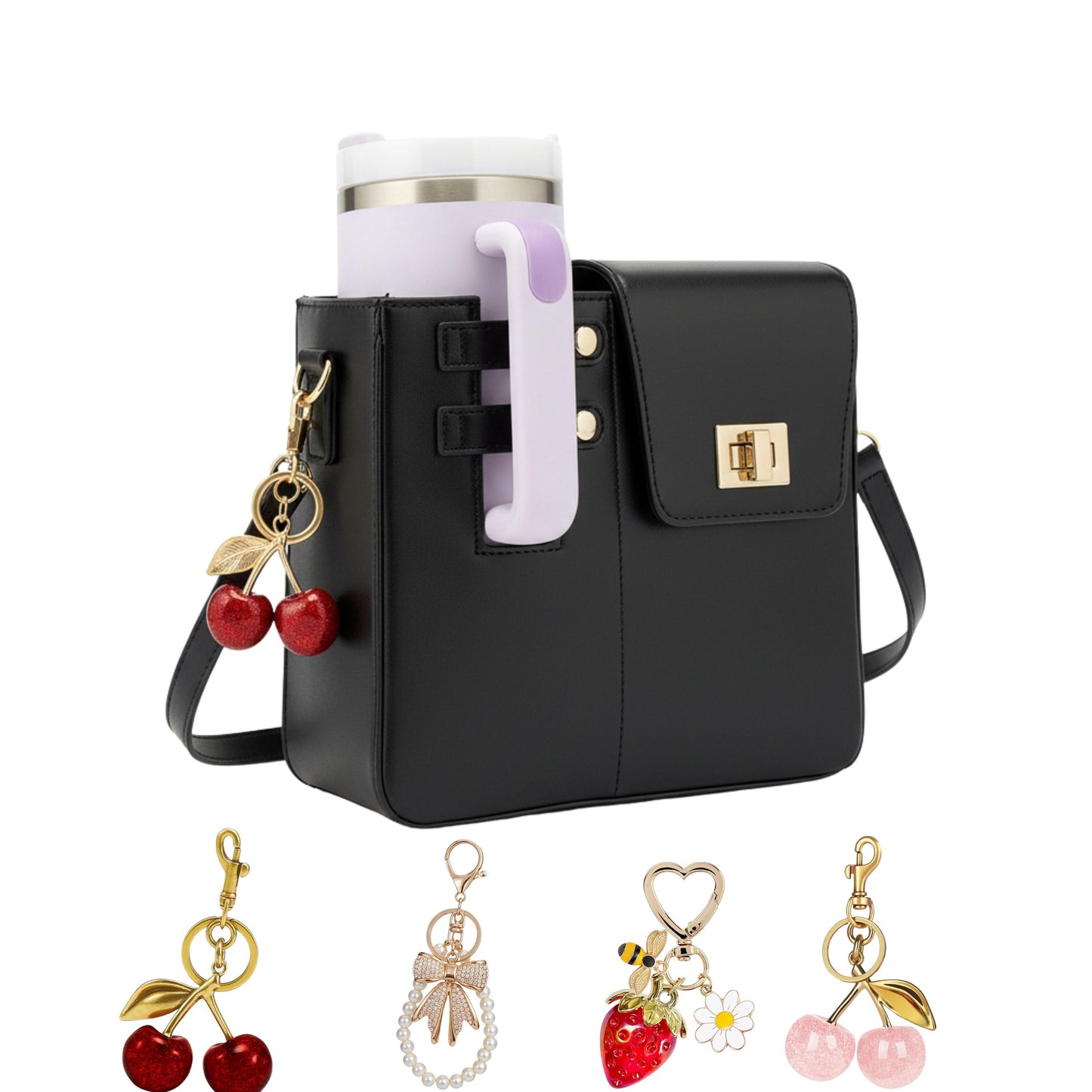 Tumbler Bag with Strawberry Charm, Crossbody Cup Holder Purse compatible with stanley tumbler, Gift for Women, Purse charm for handbag