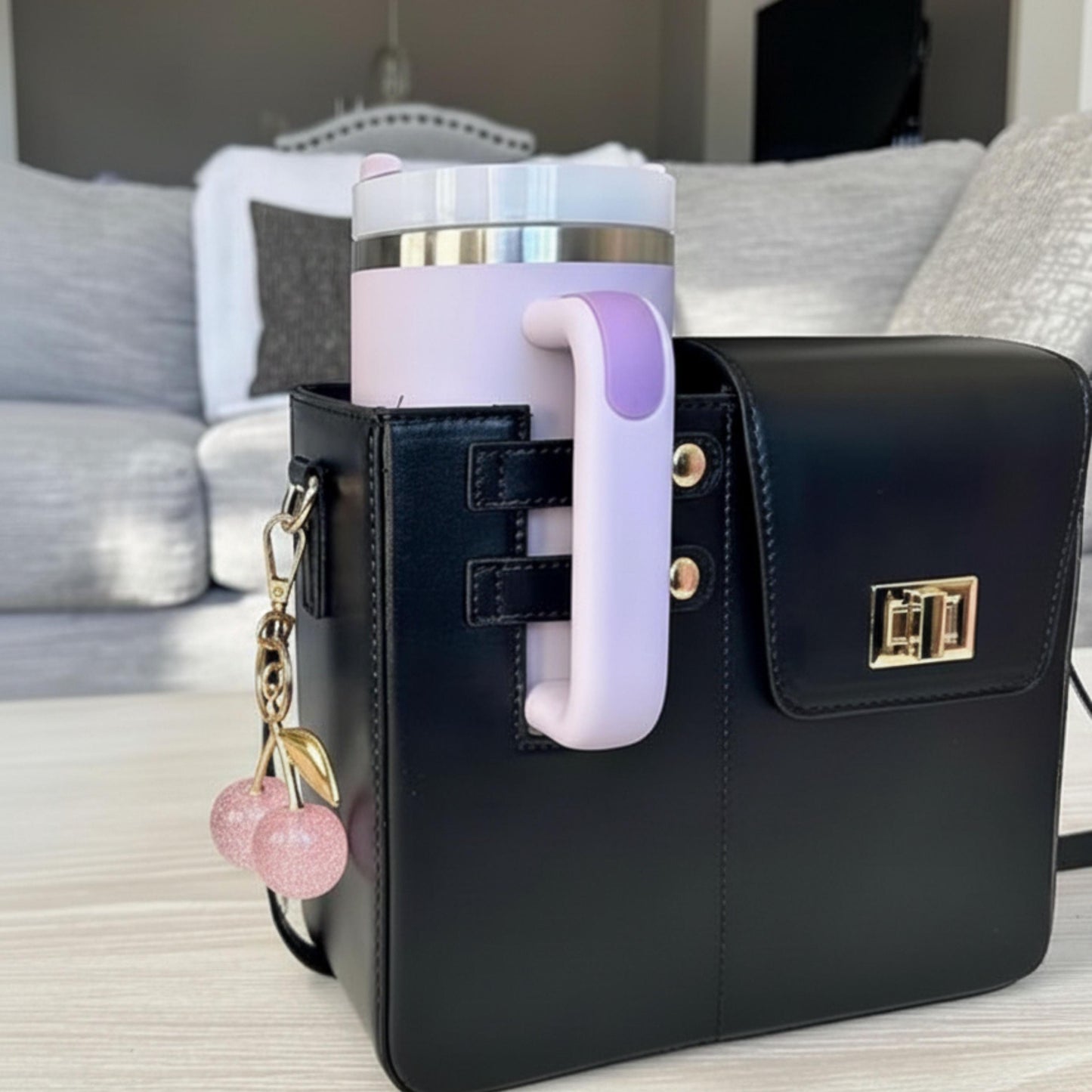 Tumbler Bag with Charm, Crossbody Cup Holder Purse compatible with stanley tumbler, Gift for Women, Cherry bag charm, Purse charm handbag