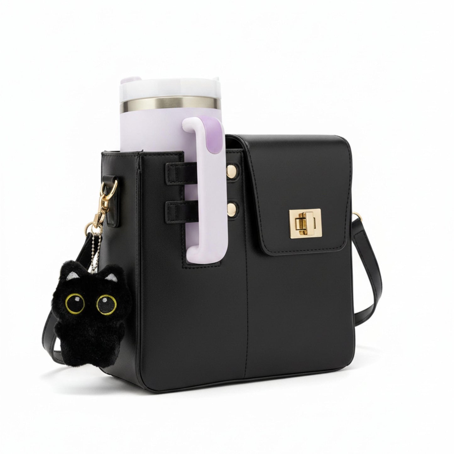 Tumbler Bag with Plush Charm, Crossbody Cup Holder Purse compatible with Stanley tumblers, Plush Black Cat Bunny bag charm, Gift for women