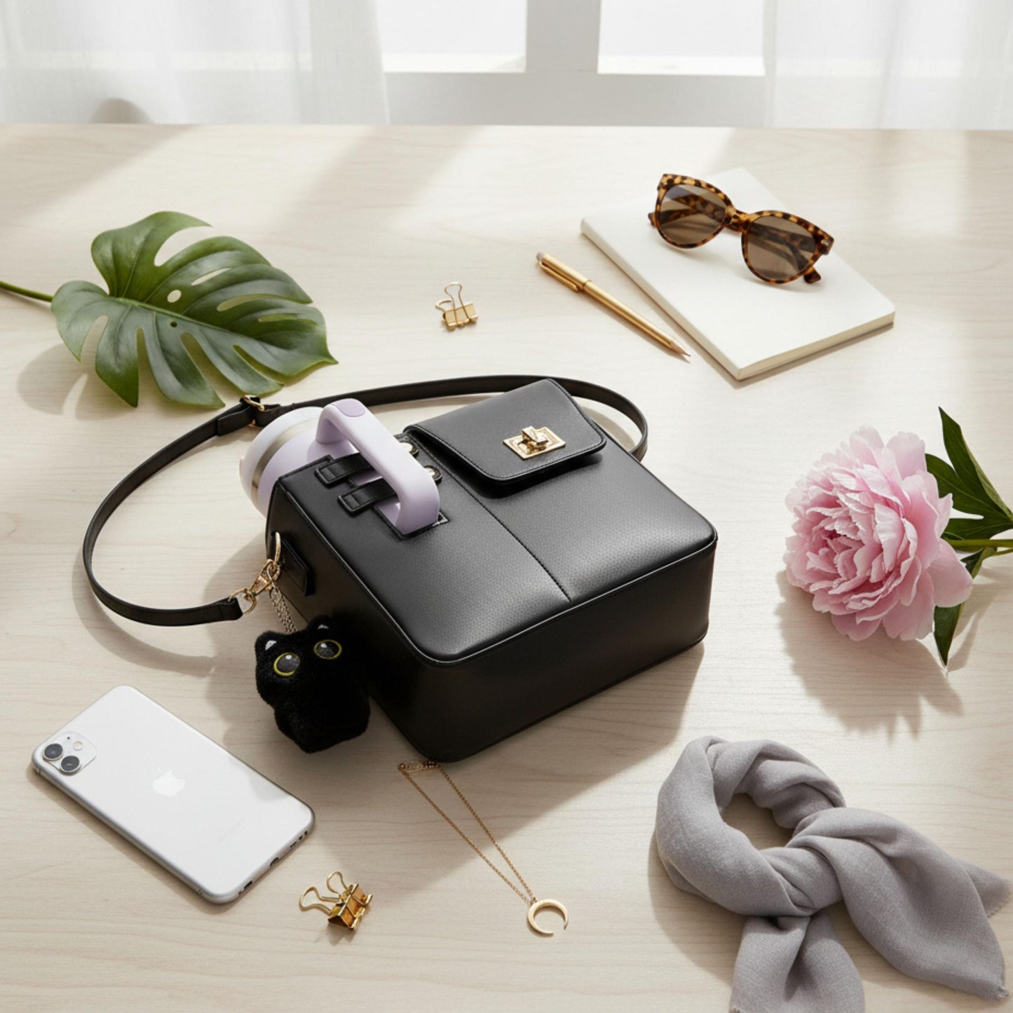 Tumbler Bag with Plush Charm, Crossbody Cup Holder Purse compatible with Stanley tumblers, Plush Black Cat Bunny bag charm, Gift for women