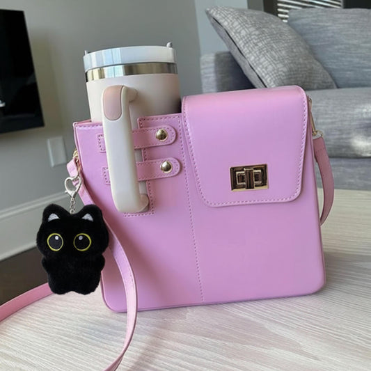 Pink Tumbler Bag with Charm, Crossbody Cup Holder Purse Fits Stanley Tumbler, Cute Gift for Women,Black Cat Bag Charm,Pink Grey Bunny Charm