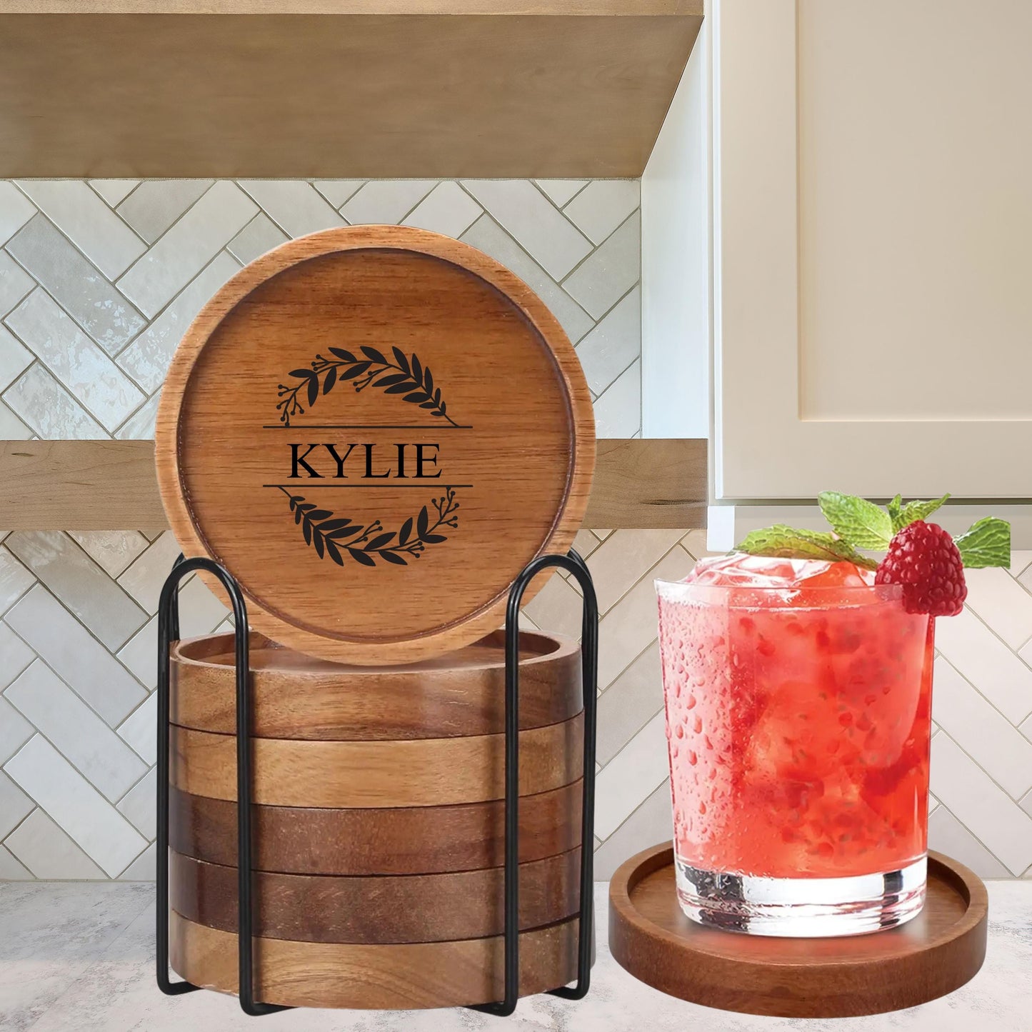 Personalized Wooden Coaster Set with Metal Holder, Custom Engraved Drink Coaster for Home, Wedding Gift, Housewarming Gift, Rustic Bar Decor