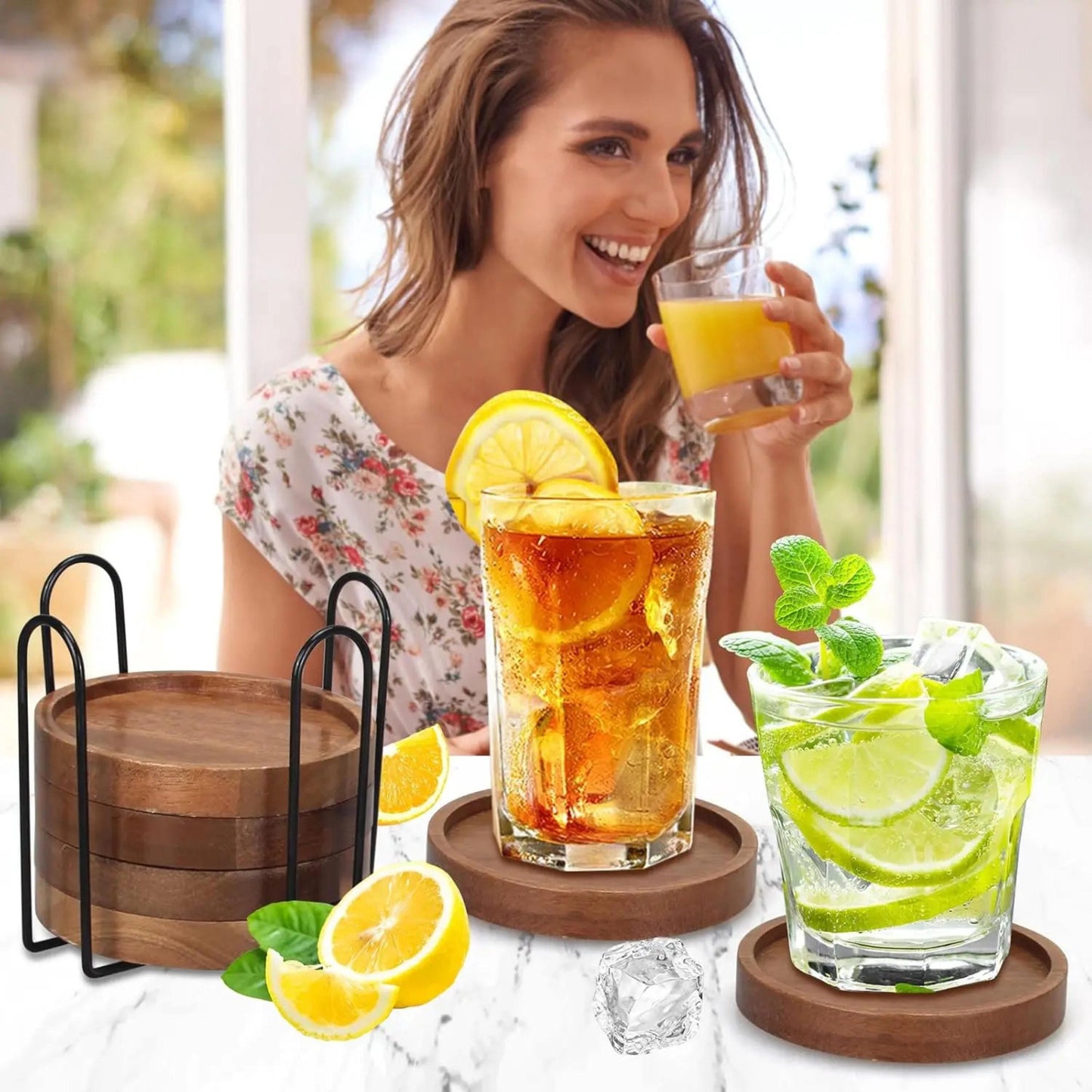 Personalized Wooden Coaster Set with Metal Holder, Custom Engraved Drink Coaster for Home, Wedding Gift, Housewarming Gift, Rustic Bar Decor