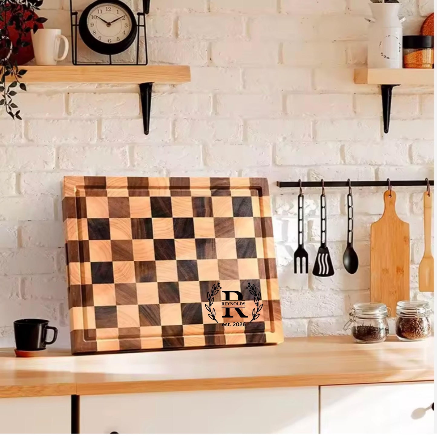 Custom Cutting Board with Juice Grooves, Personalized Checkered Charcuterie Board, Engraved Cheese Board,Wedding Gift for her, New Home Gift