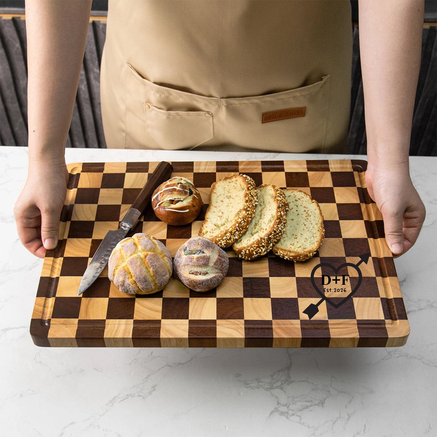 Custom Cutting Board with Juice Grooves, Personalized Checkered Charcuterie Board, Engraved Cheese Board,Wedding Gift for her, New Home Gift