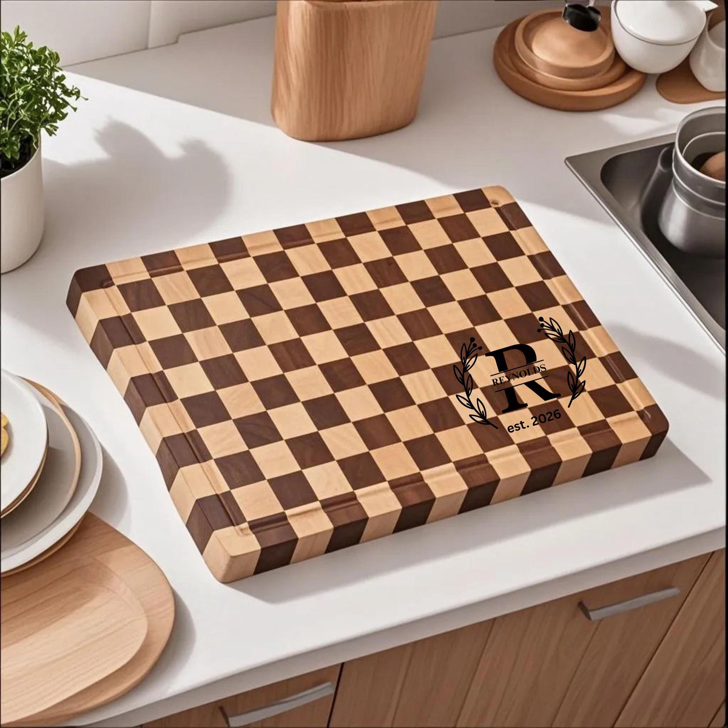 Custom Cutting Board with Juice Grooves, Personalized Checkered Charcuterie Board, Engraved Cheese Board,Wedding Gift for her, New Home Gift