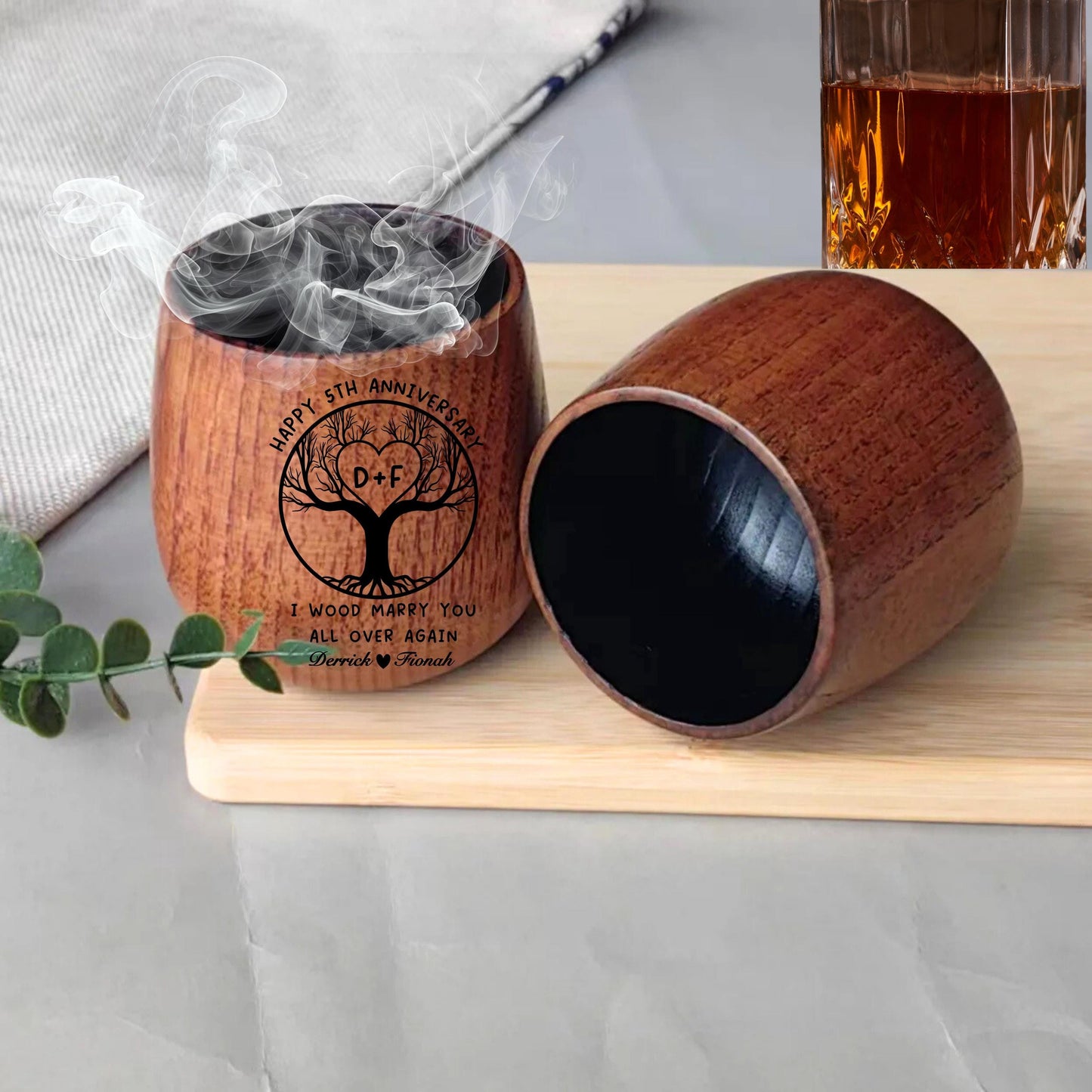 Happy 5 Year Anniversary Gift for Him, Personalized Charred Whiskey Glass for Husband, Married Wooden Gift , Wood Bourbon Glass Gift Husband