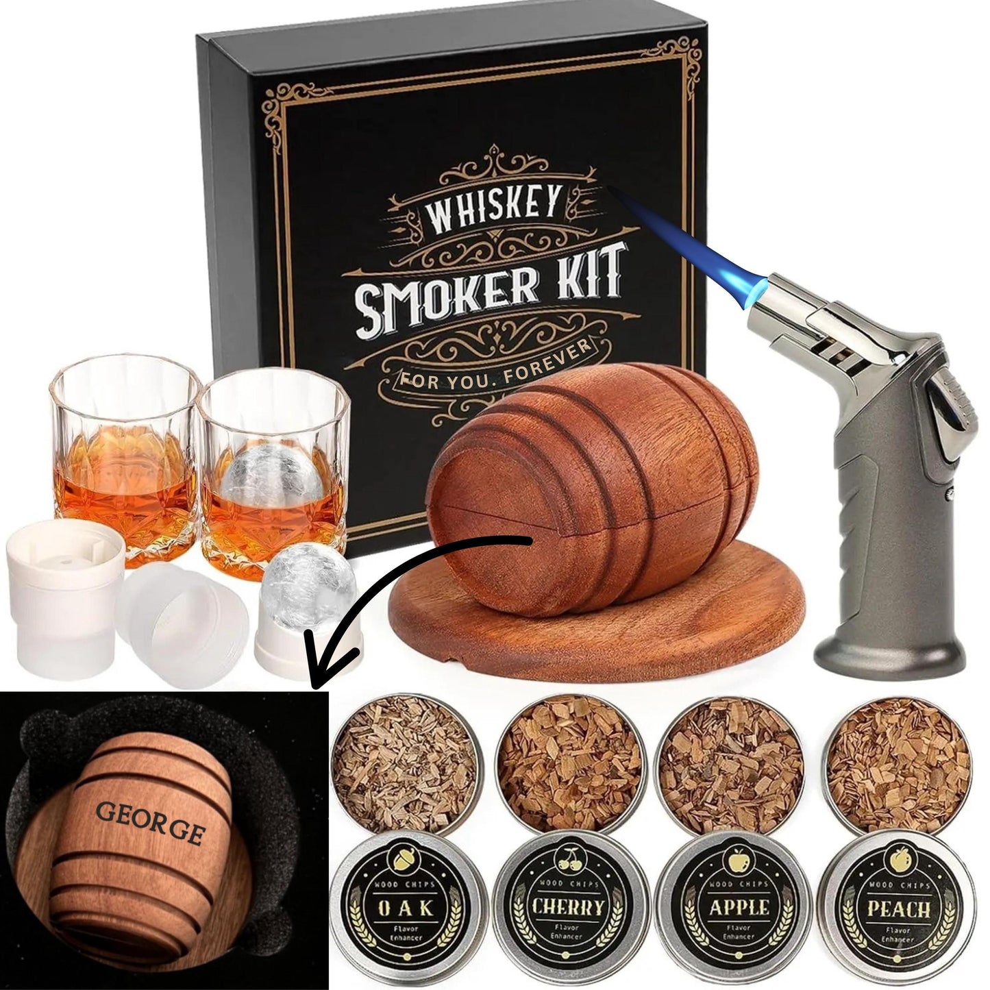 Personalized Whiskey Smoker Kit with Torch and wood chips, Cocktail Smoker Gift Set for Men Dad Husband, comes with Glasses & Ice Ball Molds