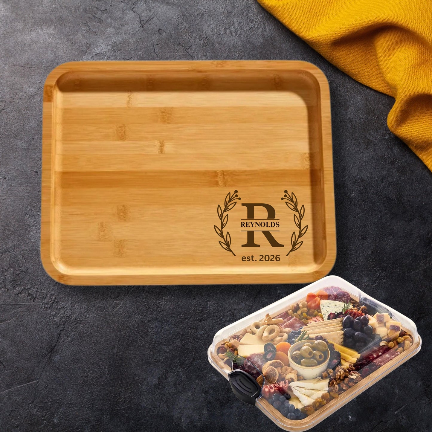 Customized Bamboo Charcuterie Board, Engraved Cheese Board with lid, Wedding Gift for her, Thanksgiving Serving Tray with Lid
