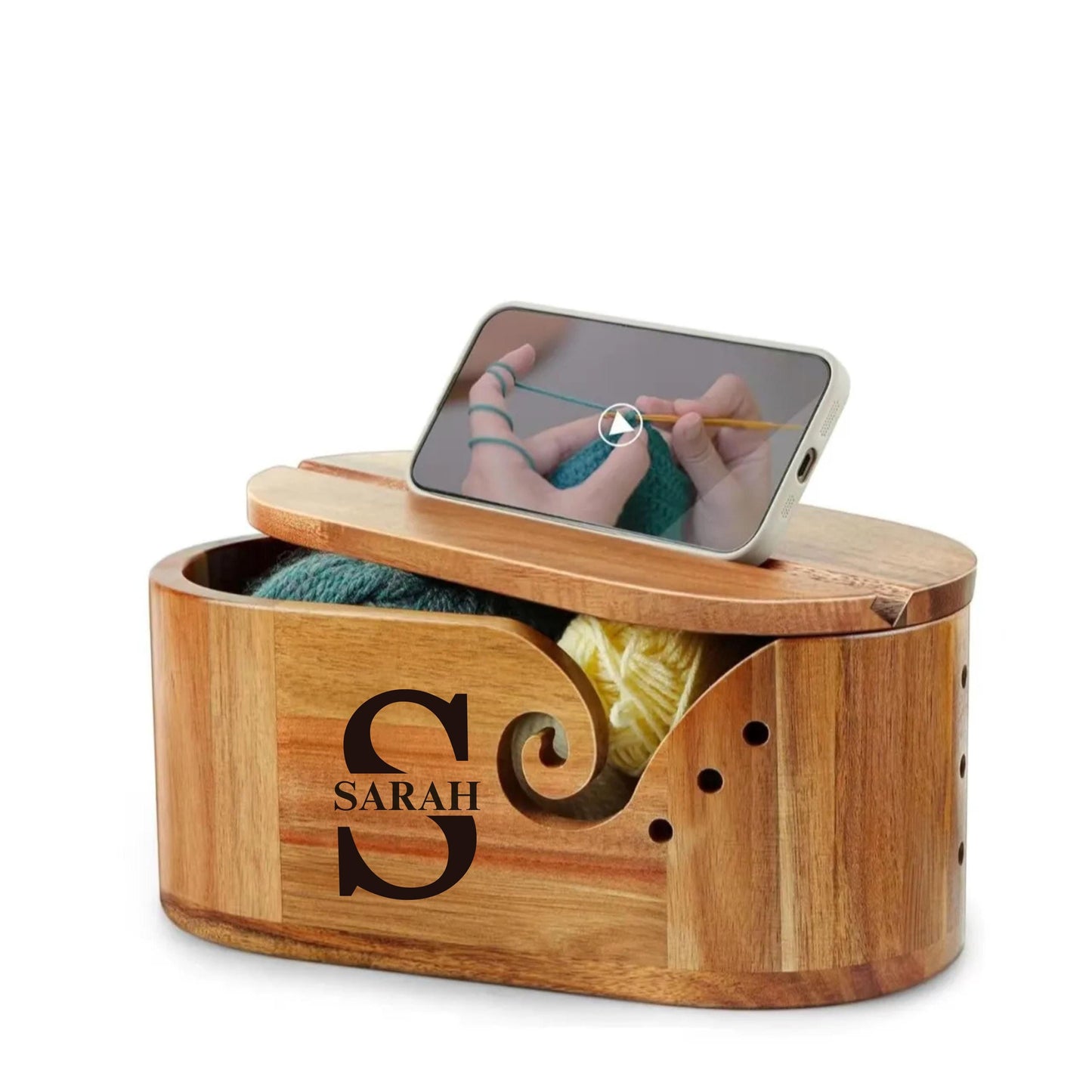 Large Custom Yarn Bowl with Phone Holder, Wooden Crochet & Knitting Yarn Holder, Gift for Yarn Lovers, Crochet Accessories, Yarn Organizer