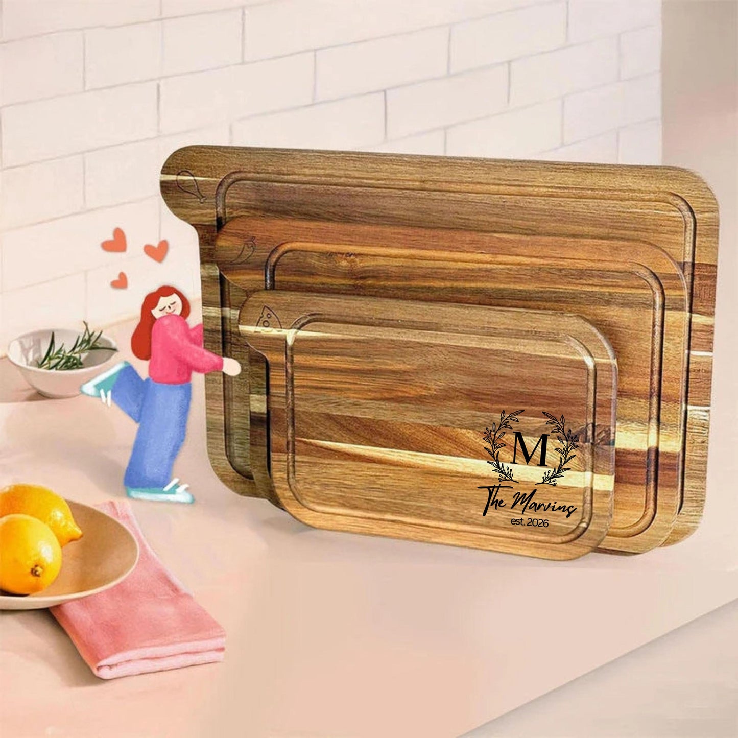 Personalized Cutting Board with Juice Groove, 3pc set Custom Wooden Boards, Engraved Cheese Board, Wedding Gift for her, New House gift