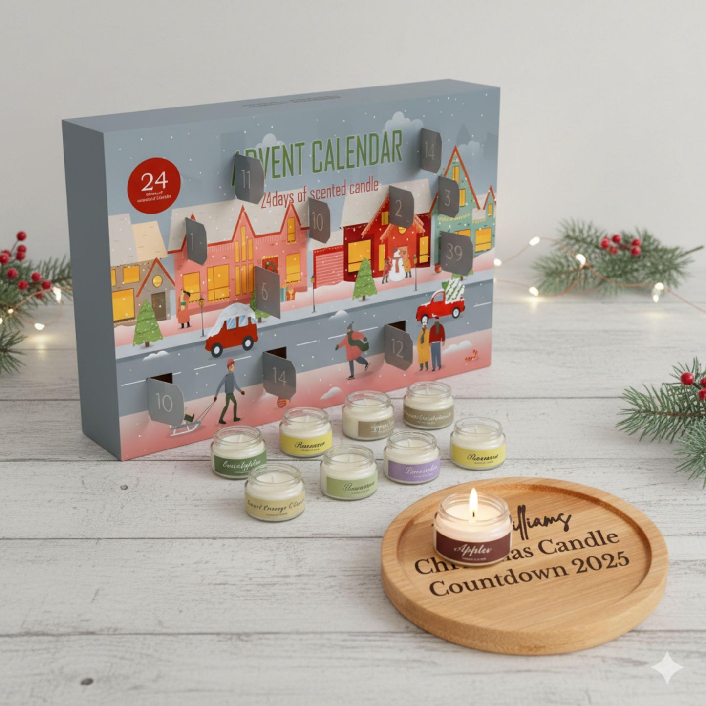 Personalized Advent Calendar Candle Set, 24 Day Countdown to Christmas, Candle with Tray, Holiday Gift for Family, 2025 Christmas Decor