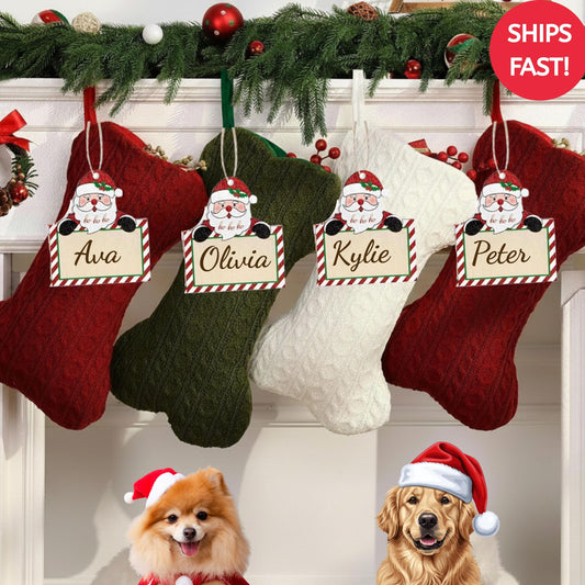 2025 Personalized Dog Bone Christmas Stockings with Wooden Name Tag, Knit Pet Stocking for Family Gifts, Custom Ornament Gift, Xmas Decor