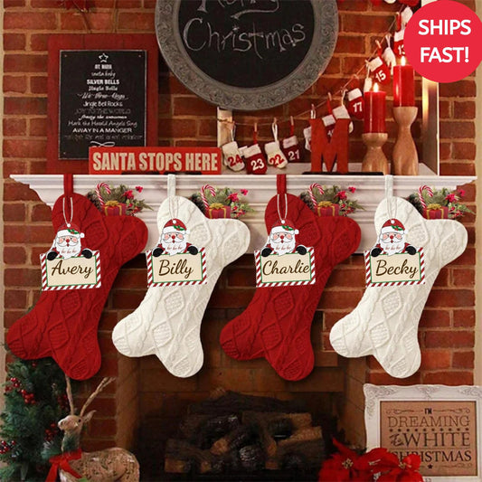 Personalized Family Christmas Stockings, 2025 Xmas stockings with Name Tag, Custom Knit Pet Stocking for Dogs & Cats, Holiday Mantel Decor