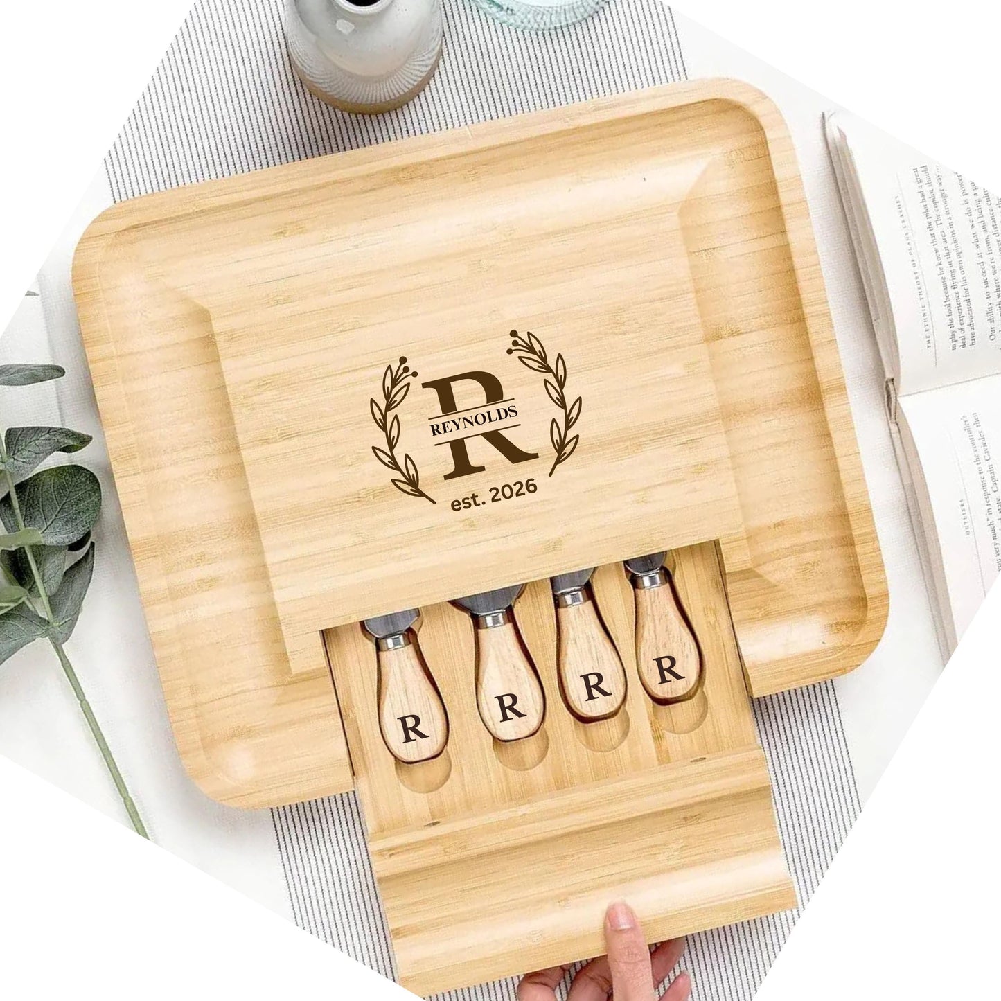 Bamboo Cheese Board Set with Knife Drawer, Custom Charcuterie Board Wedding Gift, Anniversary Gift, Housewarming Gift, New Home gift