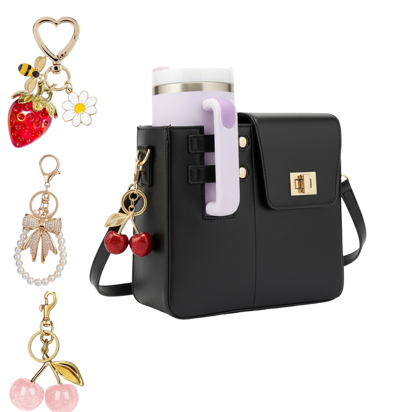 Crossbody Cup Holder Purse with bag charm, Tumbler Bag compatible with stanley tumbler, Gift for Women, Cherry Purse charm handbag